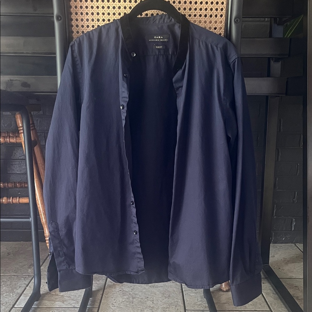 Zara Men's Navy Band-Collar Lightweight Shirt Jacket